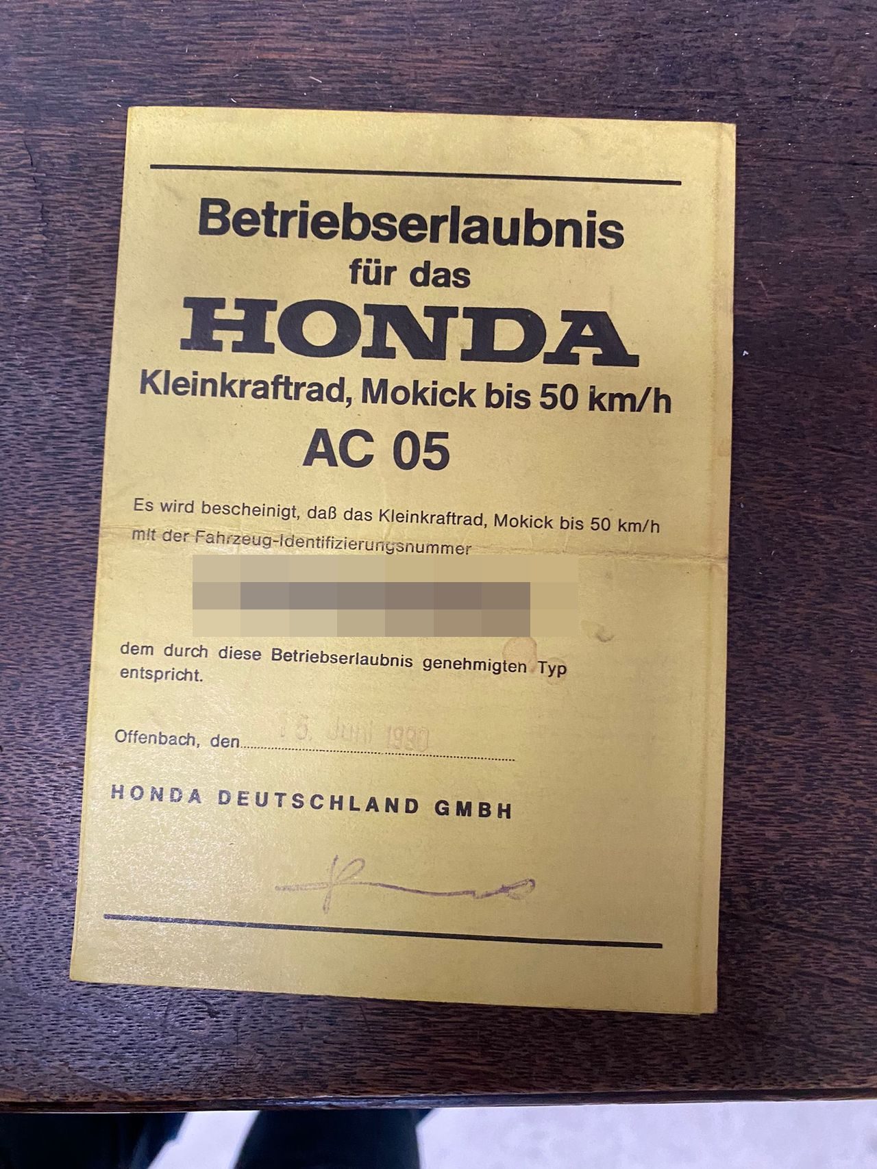 Originale Betriebserlaubnis einer Honda MBX 50, Mokick bis 50 km/h